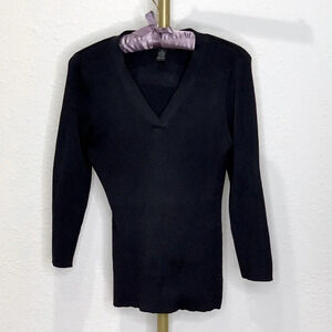 INC Black Ribbed Knit V-Neck Sweater Petite Medium Silk Blend 3/4 Sleeve